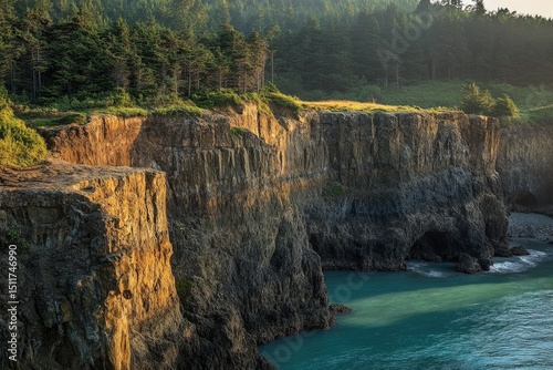 Dramatic coastal cliffs bathed in golden sunlight, overlooking a serene turquoise ocean.
