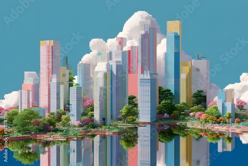 Colorful and futuristic cityscape reflected in a tranquil lake