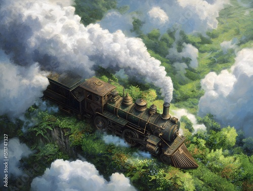 Vintage steam locomotive traversing through a lush forested landscape
