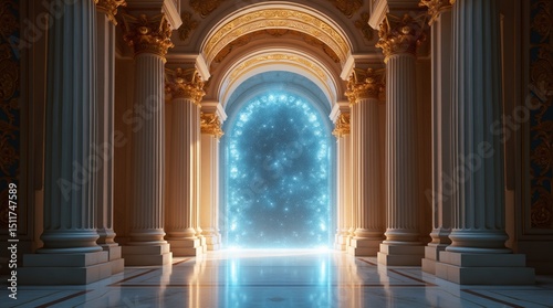Majestic celestial gateway in ornate palace with glowing arch and starry portal