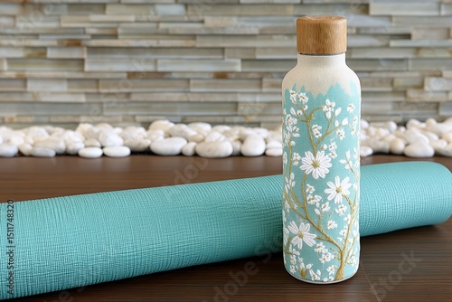 Floral Water Bottle  Yoga Mat  Teal  White Flowers  Wellness  Health  Fitness  Relaxation