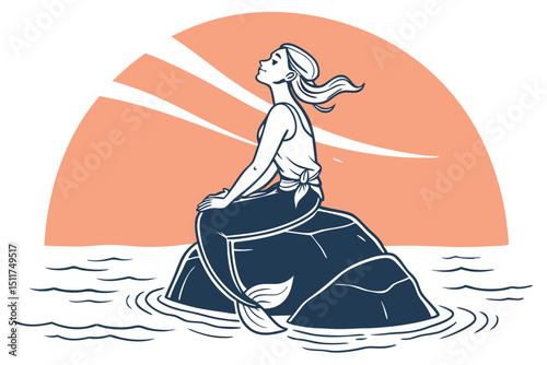 Serene mermaid meditating on ocean rock lotus pose illustration