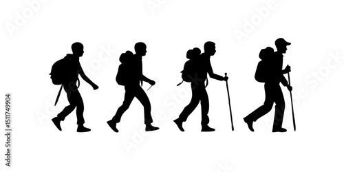 Backpacker Silhouettes.Hiking Evolution: Silhouette Progression of a Hiker.A series of black silhouettes depicting the evolution of a hiker's style and preparedness.