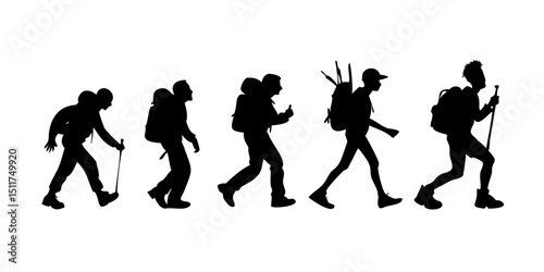 Backpacker Silhouettes.Hiking Evolution: Silhouette Progression of a Hiker.A series of black silhouettes depicting the evolution of a hiker's style and preparedness.