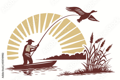Serene lakeside scene fisherman and flying duck