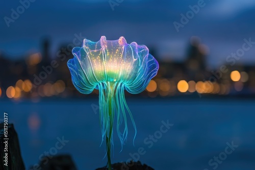 A bioluminescent jellyfish-like organism glows vibrantly against a city's night lights.