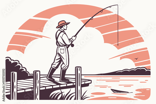 Retro camping and fishing scene with sunset illustration