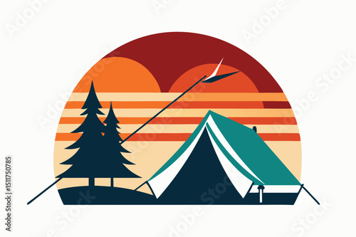 Scenic lakeside camping illustration tent lake and fishing rod