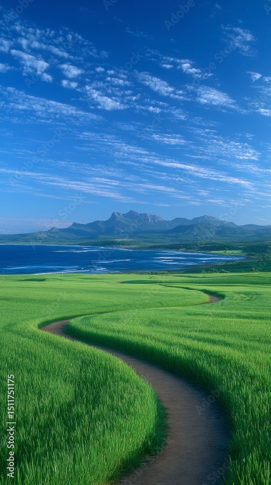 Fototapeta premium Serene Countryside Path Green Field Ocean Mountain View