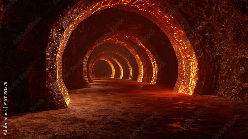 Lava tunnel, fiery passage.  Ancient, subterranean,  magma,  glowing