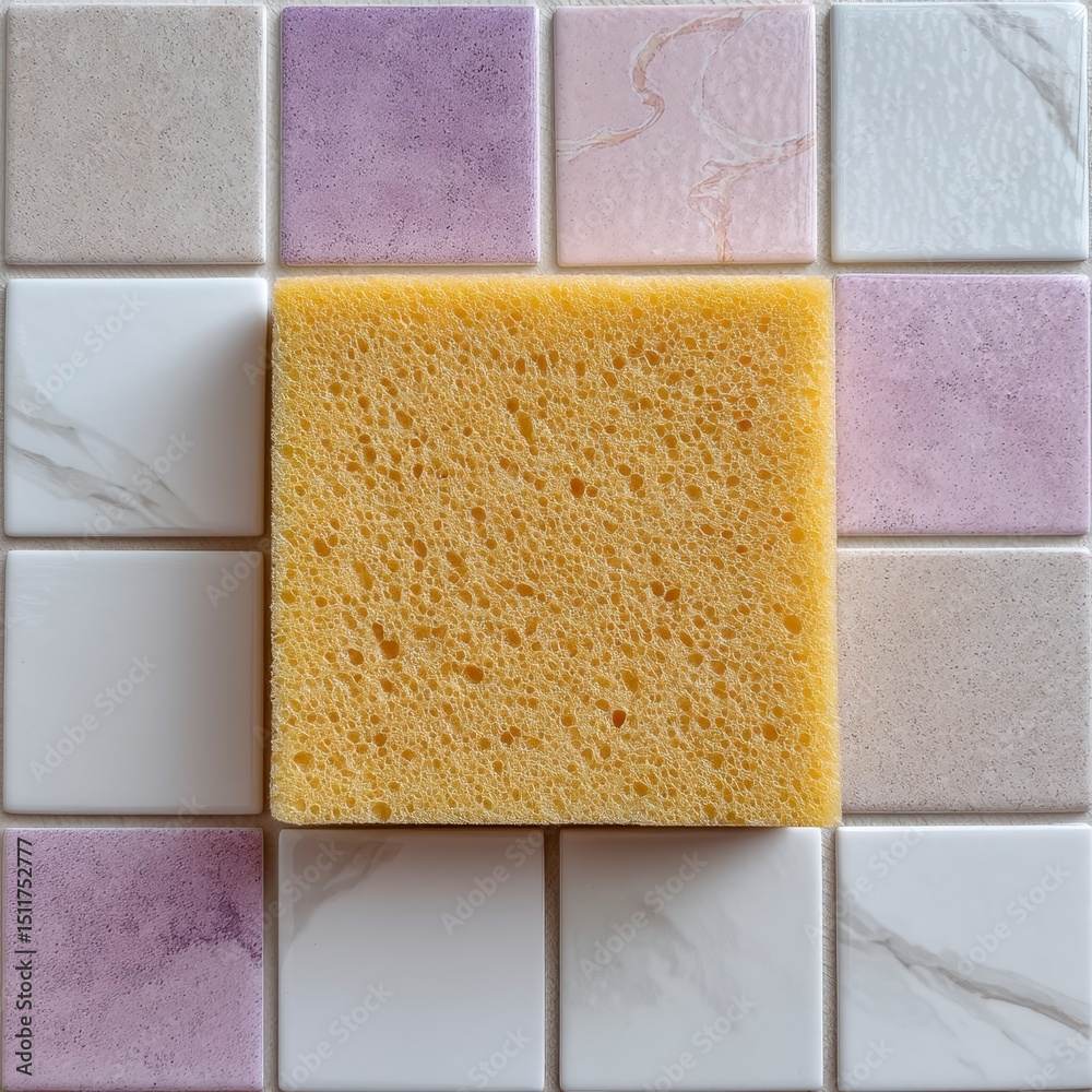 Fototapeta premium Cleaning Sponge on Colorful Bathroom Tiles Kitchen House Cleaning Supplies