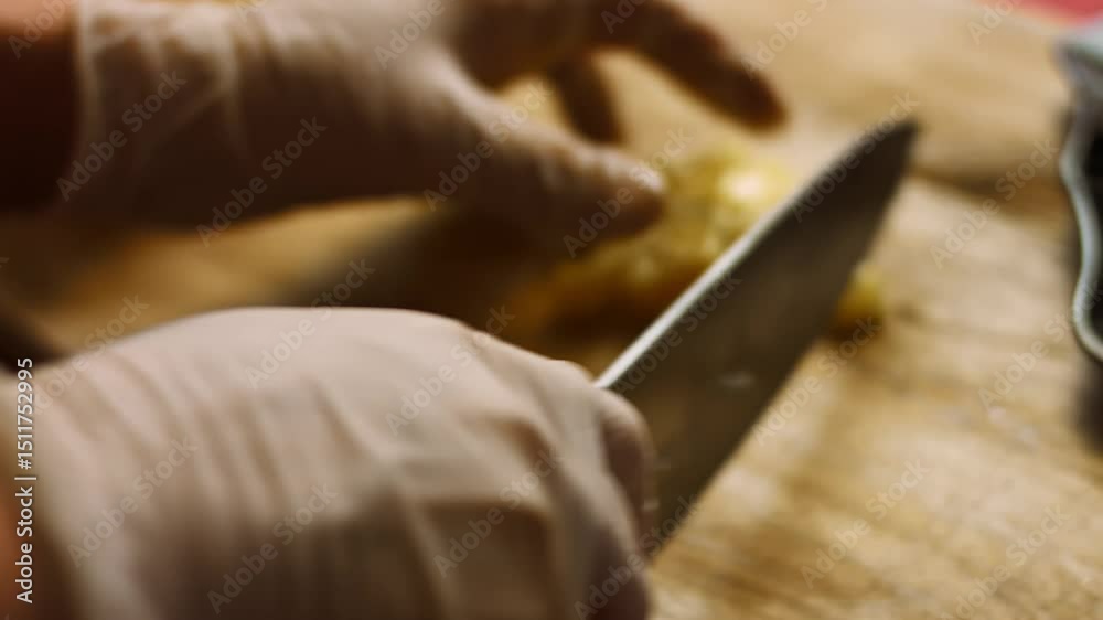 Cut pieces of pineapple. Ingredients Ladie's Caprice Salad in form of Ananas. 4k video recipe