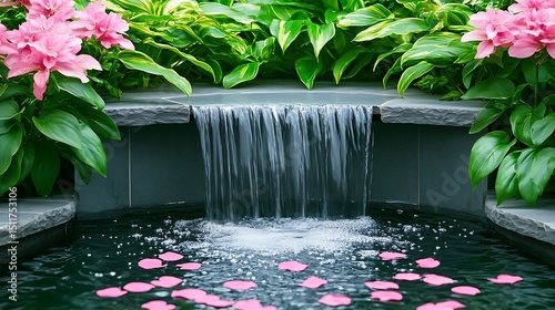 Fototapeta Naklejka Na Ścianę i Meble -  Pink petals cascade in a tranquil water feature amidst lush foliage