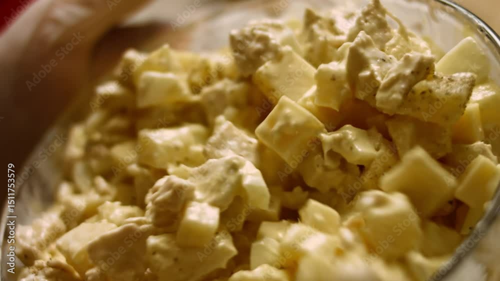 Mixture Ingredients Ladie's Caprice Salad in form of Ananas. 4k video recipe