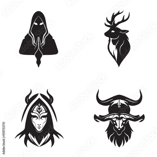Mystical silhouette illustrations featuring a cloaked figure a stag head and mythical creatures silhouettes