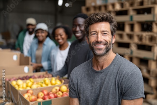Diverse group smiles in warehouse