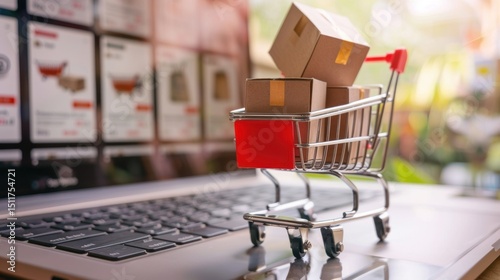 Miniature shopping cart filled with cardboard boxes sits on a laptop keyboard, with online product images visible in the background