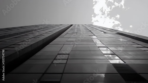 Wallpaper Mural Dramatic Low Angle View of Modern Black and White Skyscraper Under White Sky with Geometric Windows and Architectural Facade Torontodigital.ca