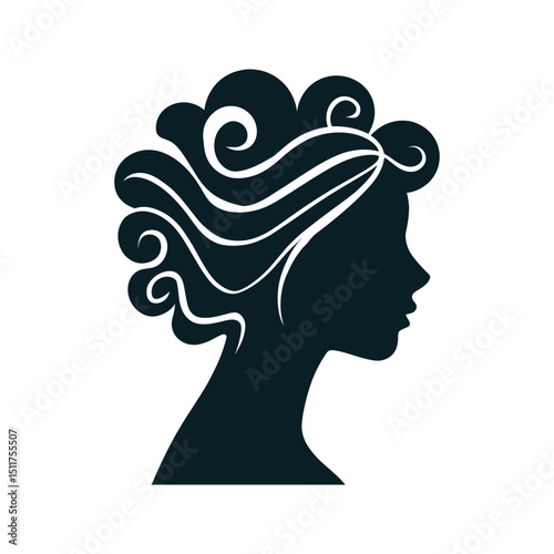 Elegant woman silhouette with curly hair profile view