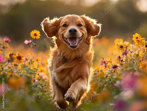 A joyful golden retriever dog smiling widely running through a sunlit meadow with wildflowers