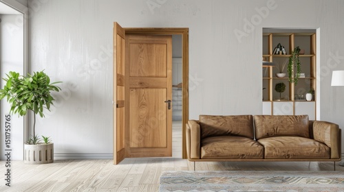 Light-filled room with open oak door,  leather couch