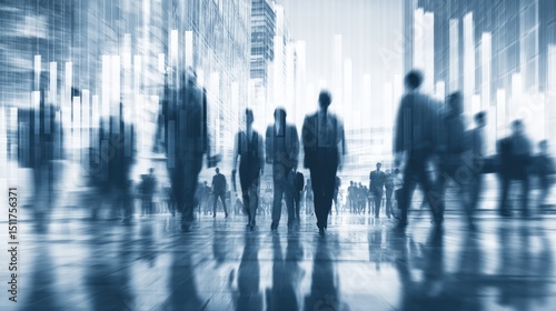 Fototapeta Naklejka Na Ścianę i Meble -  Blurred business people walking in a city with financial chart overlay.