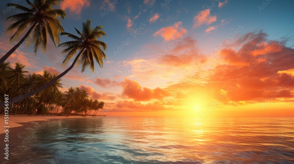 Fototapeta premium Calm, clear sea with palm trees. Beautiful sunrise or sunset. Exotic tropical beach. Perfect for a relaxing summer vacation in paradise. 
