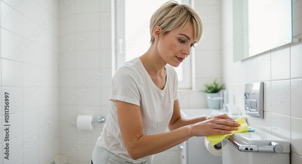 Woman cleaning bathroom sink with yellow cloth in bright washroom Woman cleaning bathroom sink with yellow cloth in bright washroom