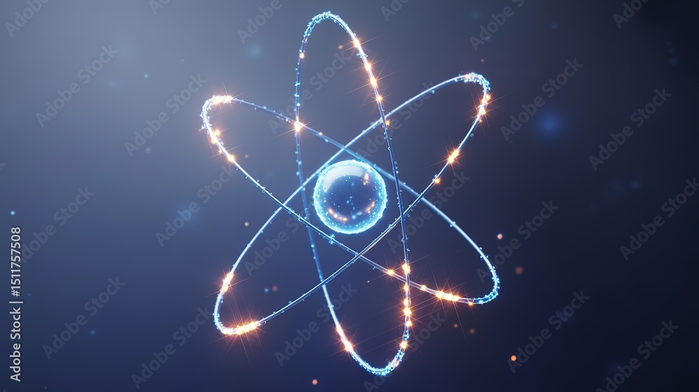 Obraz premium Stunning 3D Atom Model with Glowing Orbits