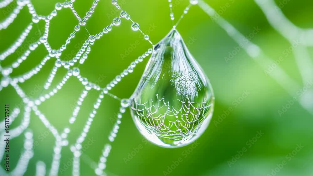 Macro shot of dew drop reflecting intricate spider web on vibrant green background.