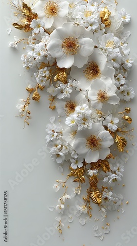 Exquisite 3d white flowers with golden leaves high resolution wallpaper