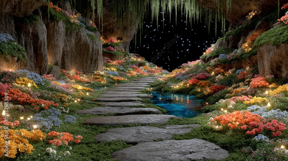 Fototapeta premium Enchanted Cave Magical Flower Path Fantasy Garden Night Scene
