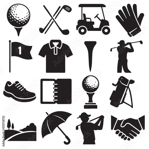 Golfing equipment and scene black and white silhouette illustrations