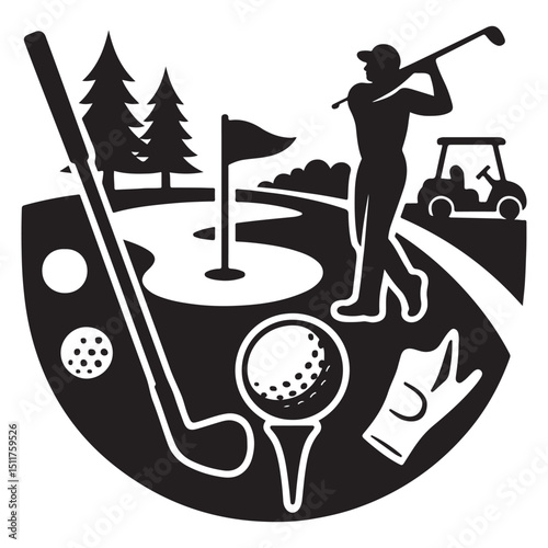 Golfing equipment and course vector illustration