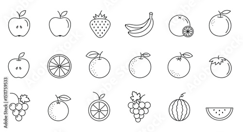 a collection of hand-drawn fruit icons, sketch style, simple black and white line art, minimalist design, detailed, clean, precise, stylized
