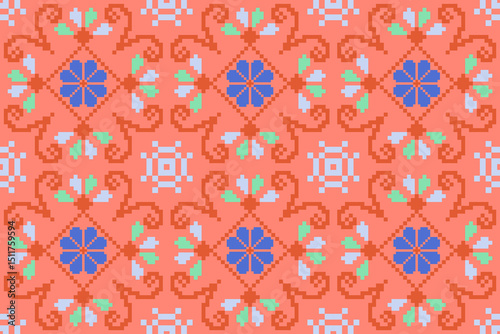 Cross stitch pattern concept showcasing traditional ethnic geometric pattern, Design for textile, background,carpet,wallpaper,clothing,wrapping,Batik,fabric,Vector illustration	
