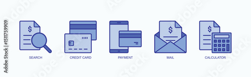 Everyday Essentials Icon Set Isolated Vector With Icon Of Search, Credit Card, Payment, Mail, Calculator In Blue Style
