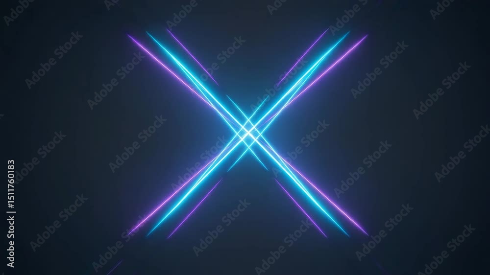 Bright neon blue and purple lines intersect to form a glowing X shape against dark backdrop, creating futuristic modern look.background