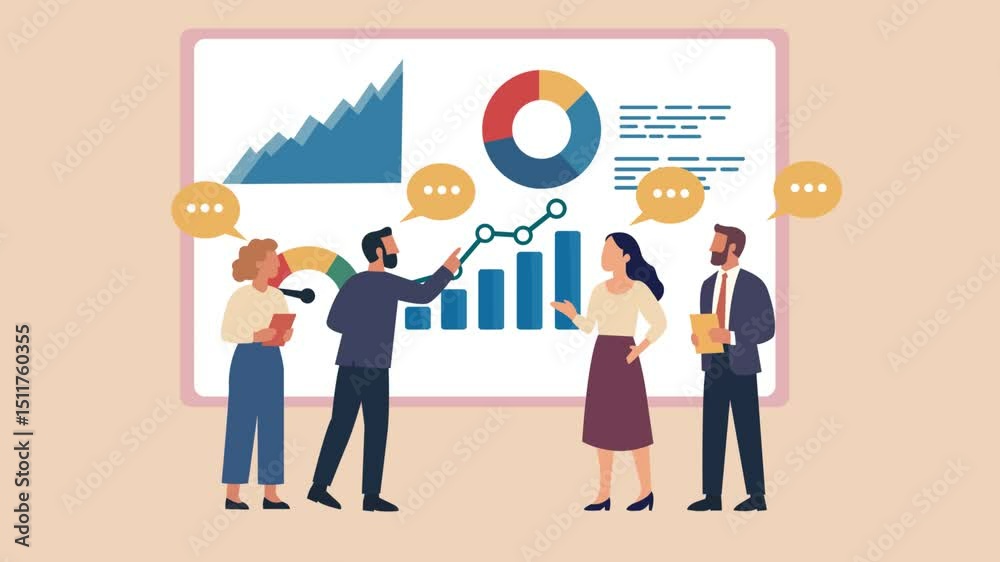 Business Team Meeting Analytics: A diverse business team collaborates around a whiteboard displaying various charts and graphs. Business Team Meeting Analytics: A diverse business team collaborates around a whiteboard displaying various charts and graphs.