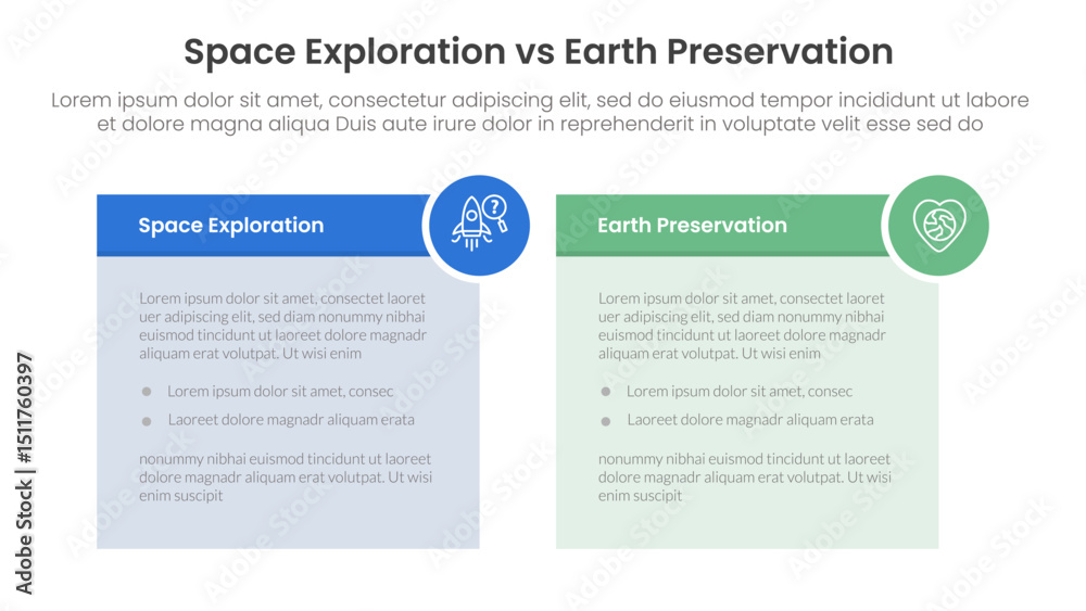 Obraz premium space exploration vs earth preservation comparison concept for infographic template banner with table box and circle badge with two point list information