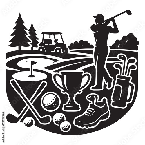 Golf course illustration equipment player and scenery