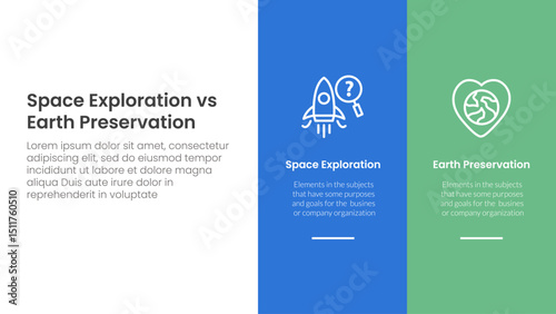 space exploration vs earth preservation comparison concept for infographic template banner with big column banner on right layout with two point list information