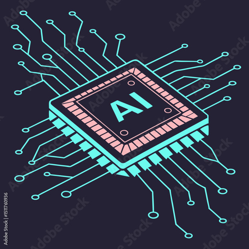 3D vector of AI chip with glowing circuits