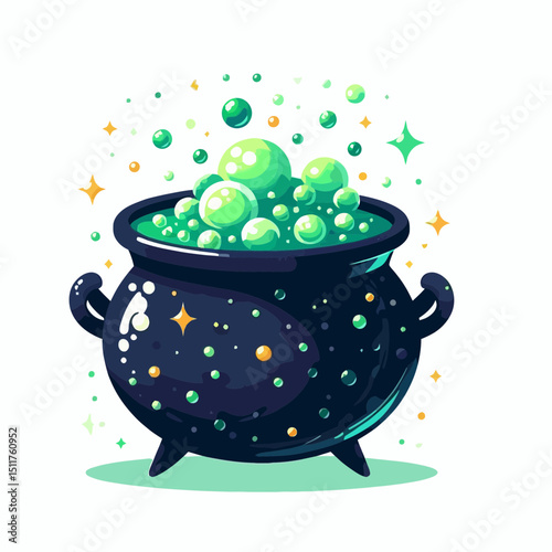 A cartoon cauldron, bubbling with green liquid and bubbles, surrounded by stars. Suitable for Halloween themes, magic blogs, and fantasy content.