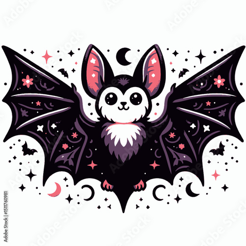A charming cartoon bat with big ears and twinkling eyes. Ideal for websites/blogs on Halloween, nocturnal animals, fantasy, or cute creature themes.