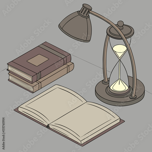 3D Desk with Hourglass, Lamp, and Open Textbook