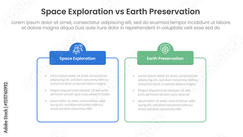 space exploration vs earth preservation comparison concept for infographic template banner with outline box table with two point list information