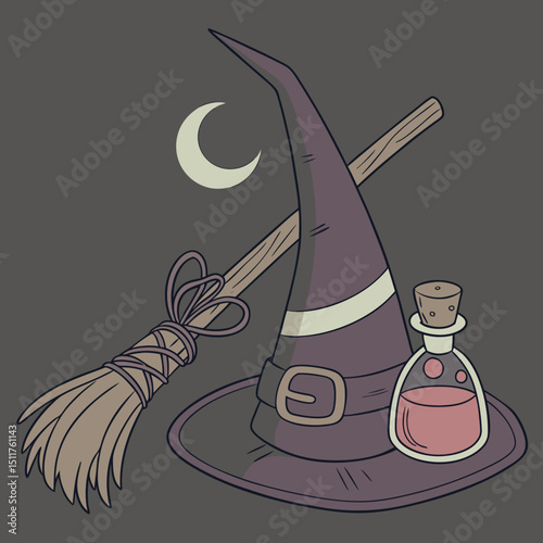 3D Witch Hat, Broomstick, and Potion Bottle Set