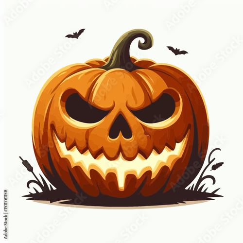 A carved jack-o'-lantern with a spooky face, bats, and grass. Suitable for Halloween themes, spooky decorations, and autumn festival content.