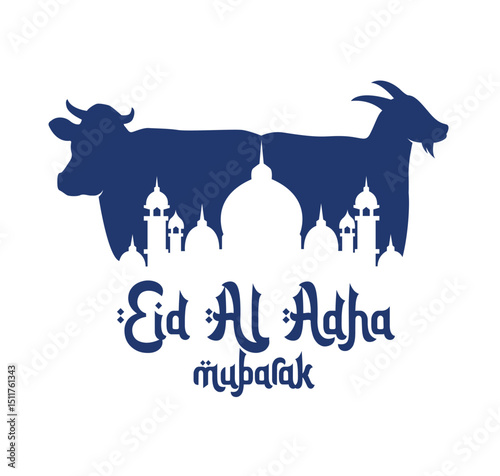 Happy Eid al Adha greetings with mosque and cows, sheep